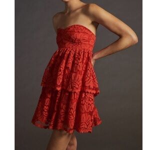 NEW Anthropologie Maeve Red Maeve Strapless Lace Mini Dress